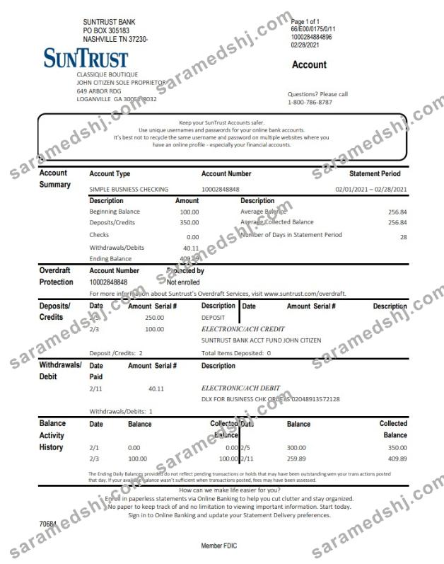 USA Georgia SunTrust bank statement template in Excel and PDF format